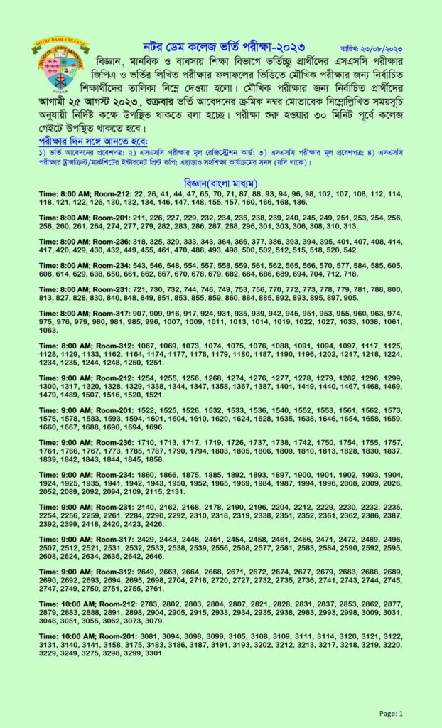 Notre Dame College Admission Circular 20242025