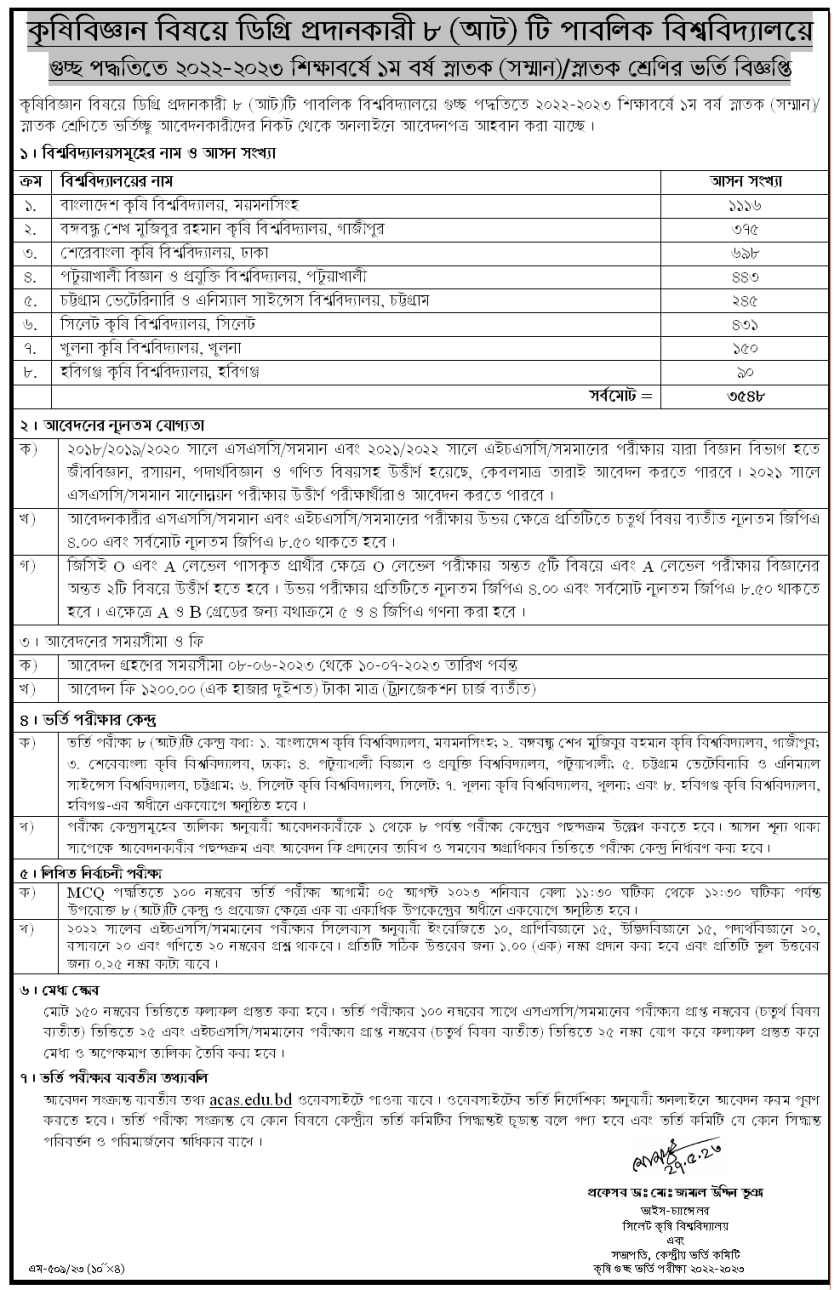 agricultural university admission circular 2023