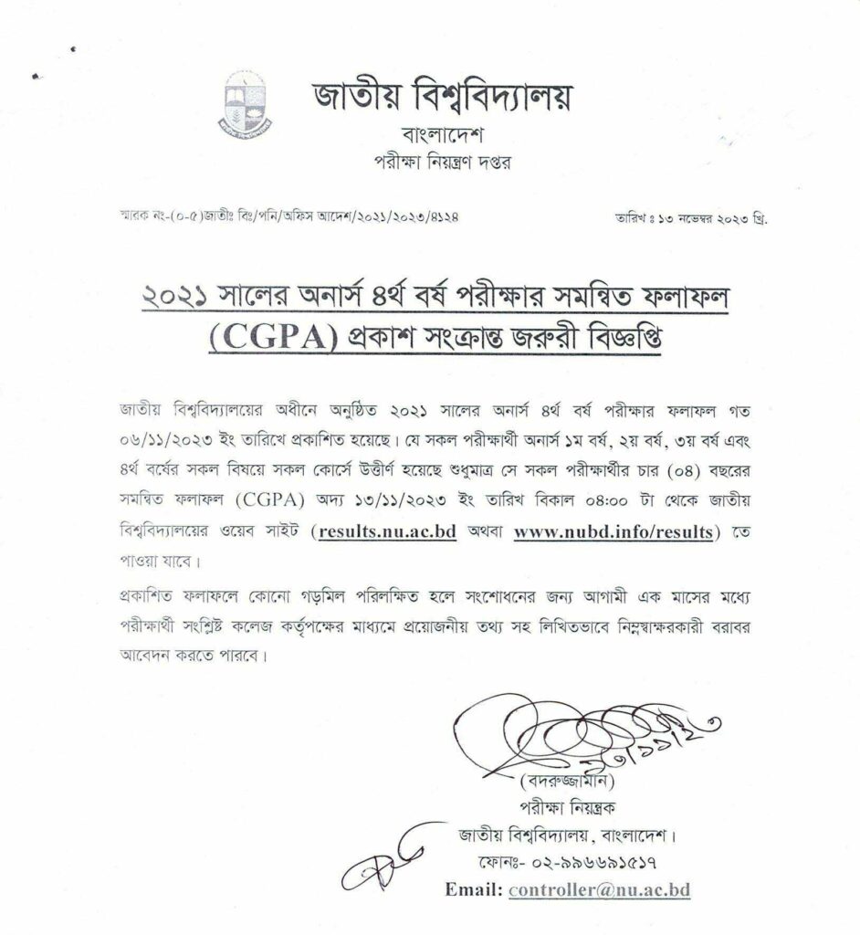 honours 4th year cgpa result 2023
