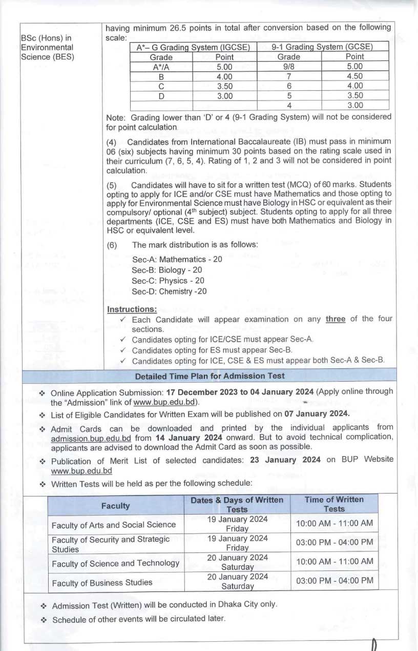 BUP Admission Circular 2026 for FASS, FST, FSSS, FBS & FMS