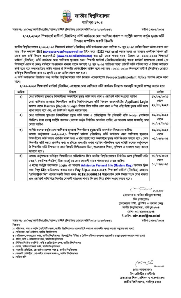 NU masters admission result 2025