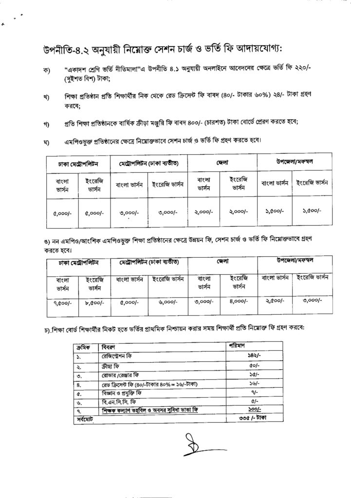 xi class admission circular 2025-2026 - admission fee