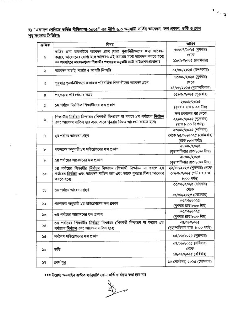 xi class admission circular 2025-2026 - important dates