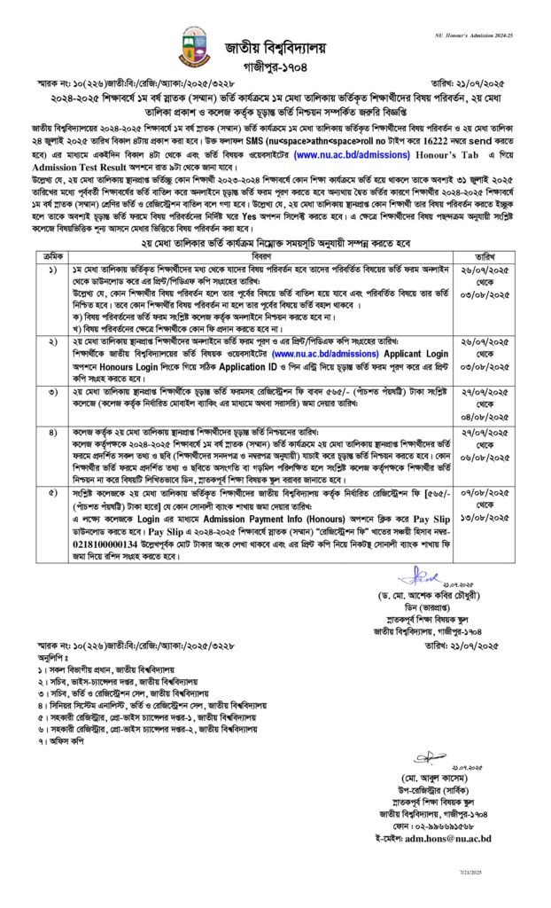 NU Honours Admission 2nd Merit List Result notice 2025