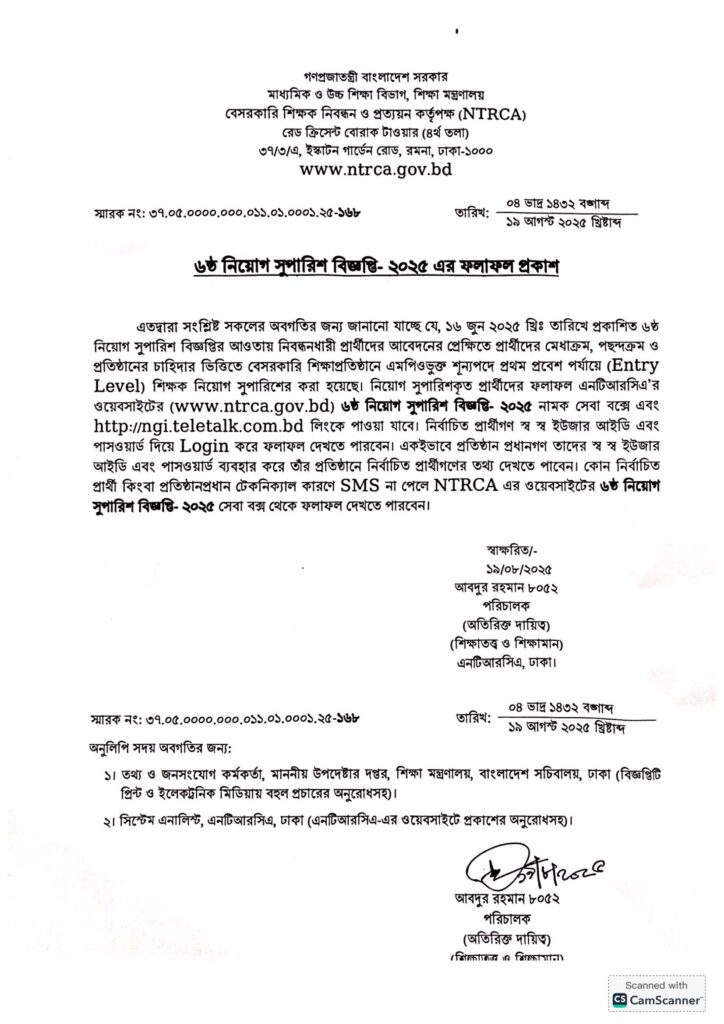 6th NTRCA Result 2025 cycle 6
