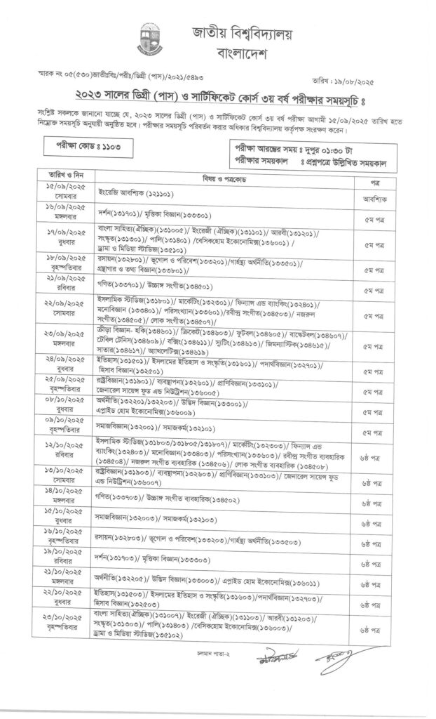 NU degree 3rd year exam routine 2025