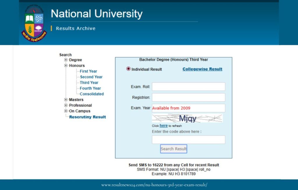 NU result login- Honours 3rd Year Exam Result 