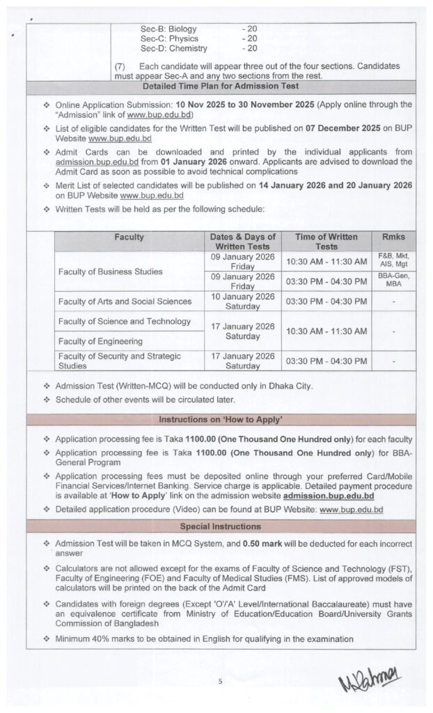 BUP Admission circular 2025-2026_dates