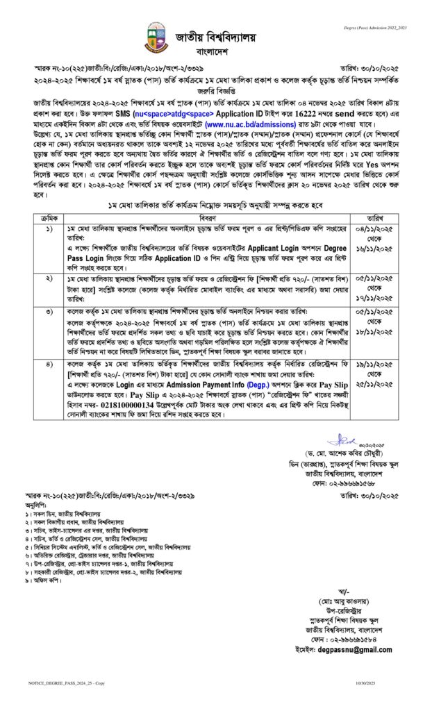 NU Degree admission result 2025 