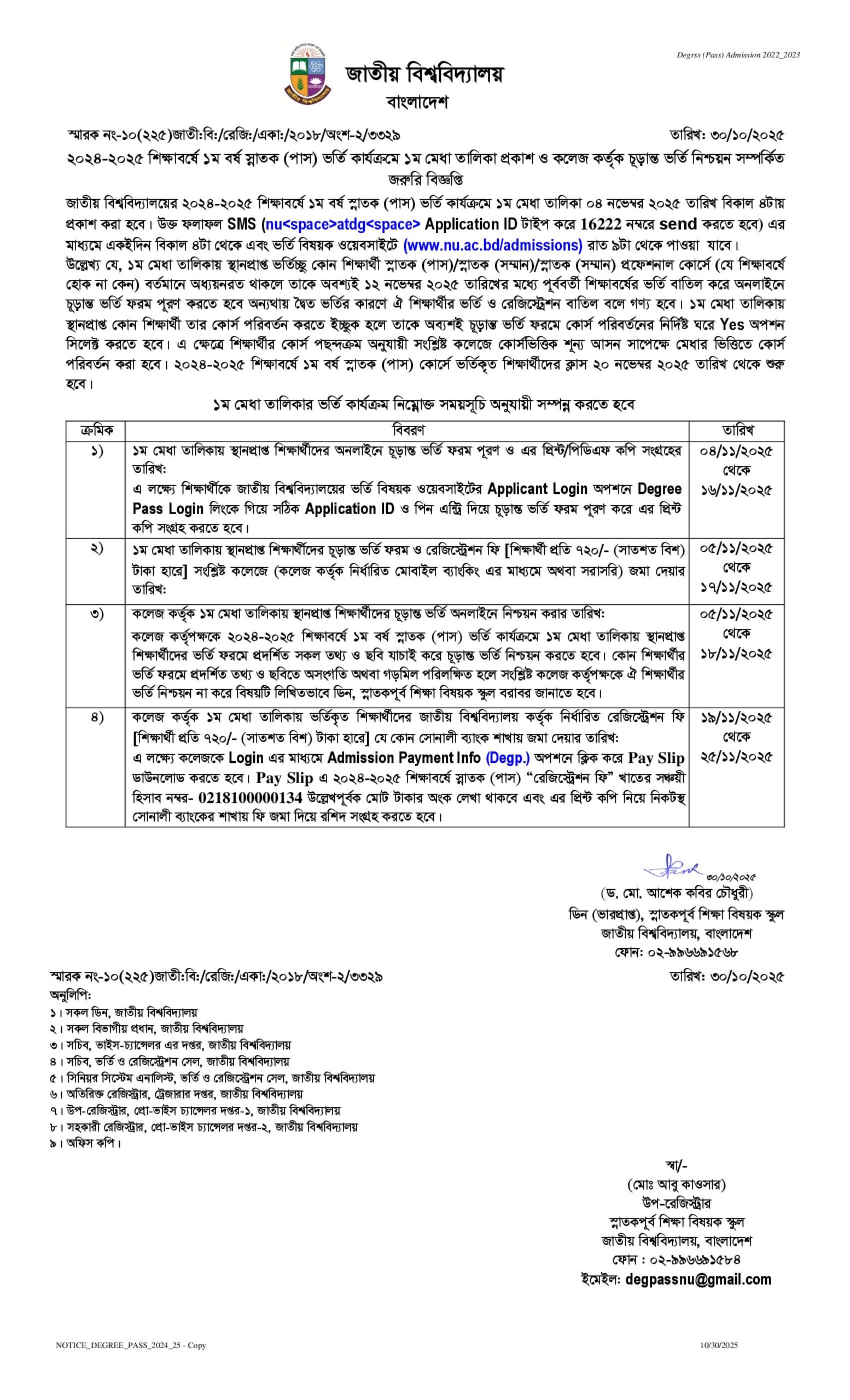 NU Degree admission result 2025 - (1st merit list)