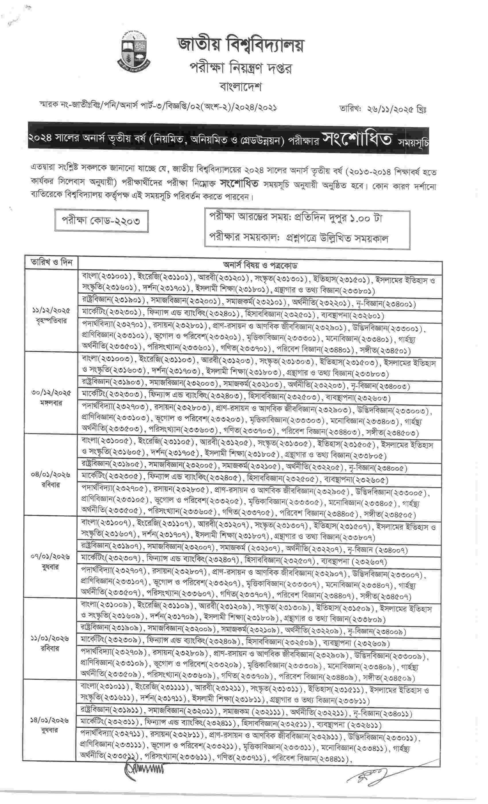 NU Honours 3rd Year Exam Routine 2025 PDF