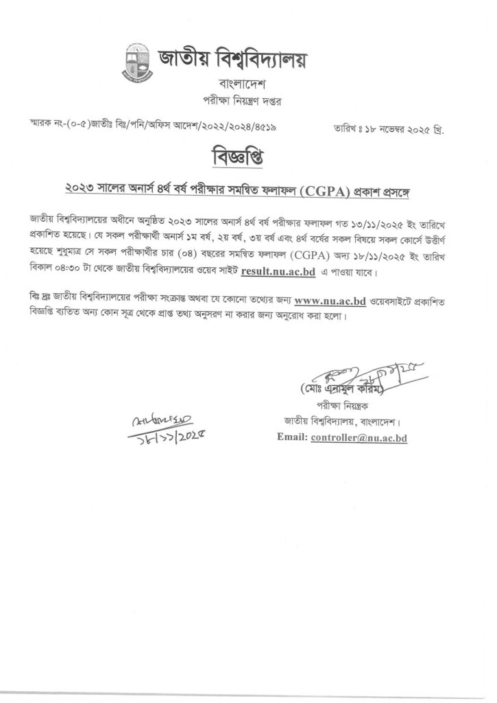  NU Honours 4th Year cgpa result 2025