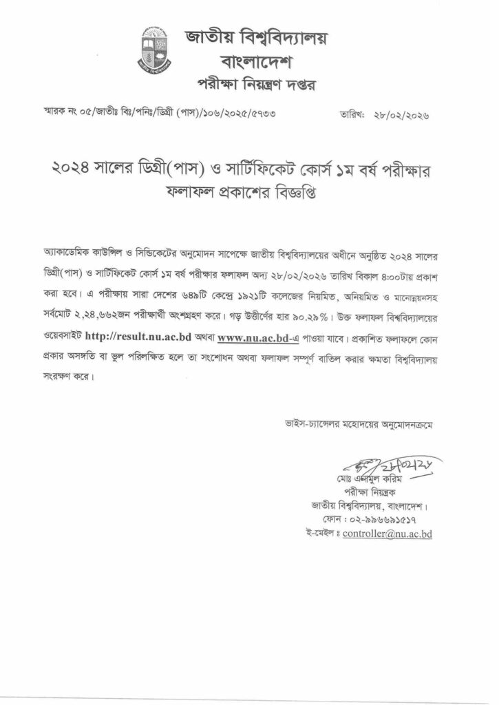 NU degree 1st year result 2026